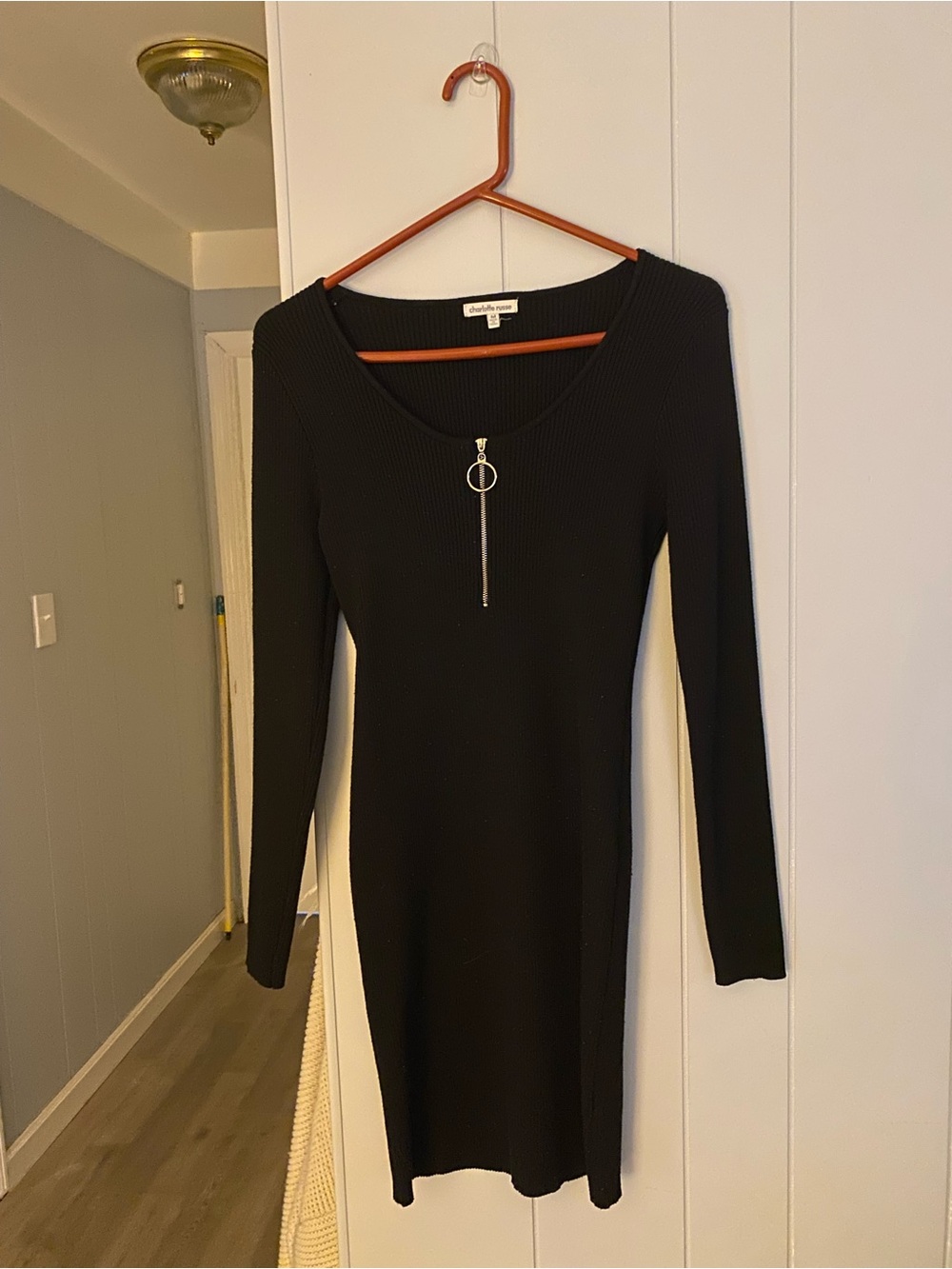 Charlotte Russe Black Ribbed Long Sleeve Zip Dress with Ring Pull